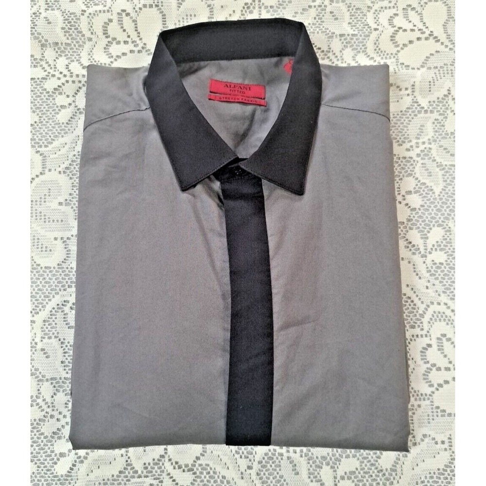 Alfani Men's Fitted Lng Sleeve Button Up Shirt Cotton Blend Size L Gray & Black